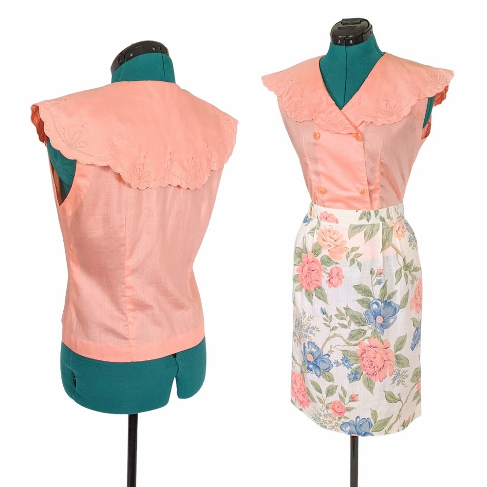 1980s Embroidered Cape Blouse Shirt & Floral Linen Skirt Set Jaclyn Smith Pink - Picture 9 of 10